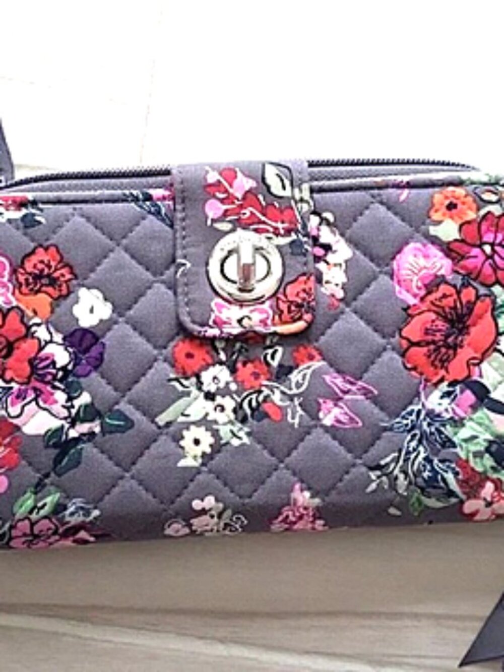 Vera Bradley Grey Floral Credit Card Zip Fold & Clasp Lock 7" Wallet